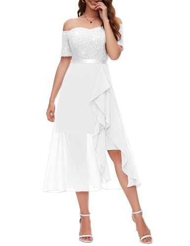 Berylove Women Sequin Formal Party Dress Off Shoulder Wedding Cocktail Midi Evening Dress