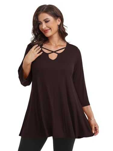 LARACE Criss Cross Tops For Women 3/4 Sleeve V Neck T-shirts Plus Size Tunic For Leggings Casual Fall Clothes