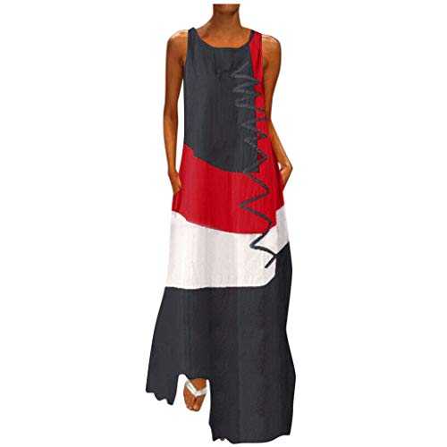 HOOUDO Women’s Summer Long Dresses Loose Longline Casual Dresses Print O Neck Boho Maxi Dresses Holiday Skater Tank Sun Dress Plus Size