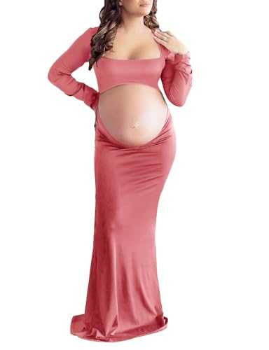 Cut Out Maternity Dress for Photos Open Belly Long Sleeve Photography Gown Square Neck Maternity Outfit Dresses