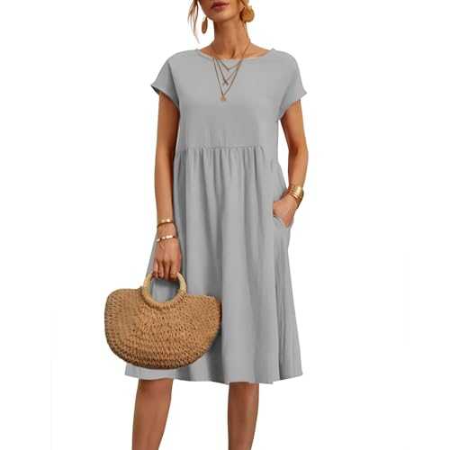 Women Dresses 2024 Summer Casual Comfy Cotton Short Sleeve Tunic Beach Midi Dresses with Pockets