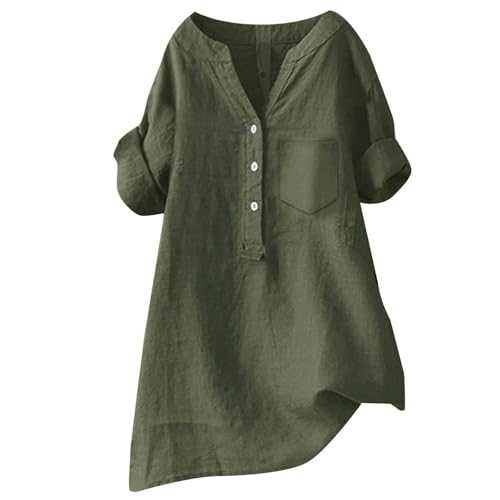 Cocila Women Tunic Loose Button Shirt Top Stand Solid Color V Collar Cotton Linen Ladies Casual Blouse Relaxed Plus Size Tops and Outerwear Soft Oversized Clothes