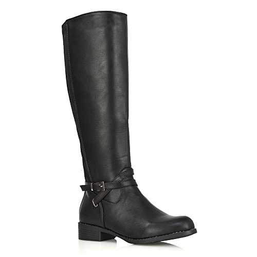 ESSEX GLAM Womens Stretch Calf Knee High Boots Ladies Flat Low Heel Biker Riding Long Booties Size 3-8