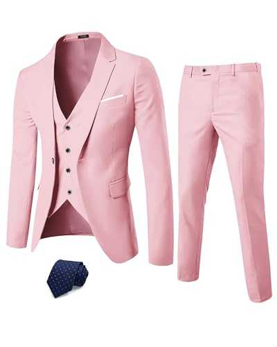 YND Men's Slim Fit 3 Piece Suit, One Button Solid Jacket Vest Pants Set with Tie