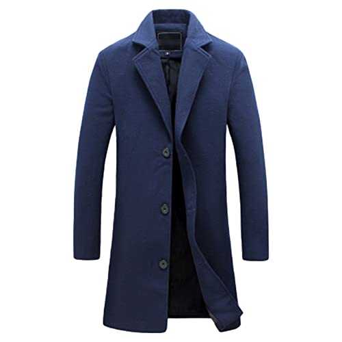 Maiyifu-GJ Men's Slim Winter Wool Blend Coat Single Breasted Business Long Pea Coats Notched Lapel Trench Jacket Overcoat