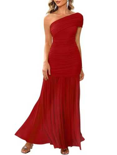 LAGSHIAN Women's Elegant Formal Long Dress One Shoulder Sleeveless Ruched Bodycon Evening Dress