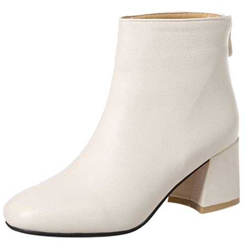 Women Ankle Boots Elegant Block Heel Dress Boots Zip Mid Heel Short Boots Round Toe, Size 1-13