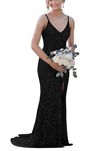 KURFACE Sexy Spaghetti Straps Prom Dresses Long Sparkly Mermaid V-Neck Side Split Formal Evening Party Gowns for Women