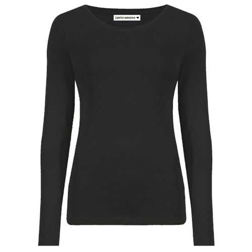 janisramone Womens Ladies Round Neck Long Sleeve T-Shirt Stretchy Plain Fitted Basic Jersey Casual Tee Top