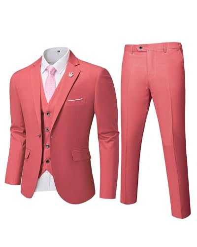 YND Men's Slim Fit 3 Pieces Suit, One Button Solid Jacket Pants Set with Tie for Wedding Party Business Prom