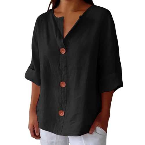 Ladies Linen Tops Black Elegant Office T Shirts Clearance Long Sleeve Shirt Women Tops 3/4 Sleeve Cotton Linen Down V Neck Shirts Casual Loose Outfits Clothes Coats