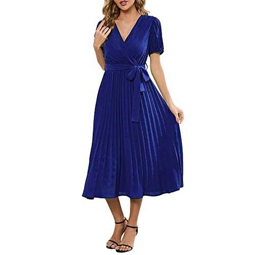Swing Dress for Women Women V Neck Lace Up Short Sleeve Solid Pleated Dresses Pleated Long Dress Womens Business Casual Dresses