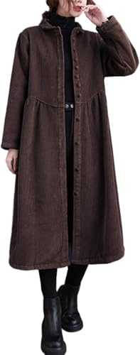 Hecatombic Women's Long Corduroy Coat Button with Pockets Dress Coat Vintage Loose Casual Long Sleeve Jacket Women's Autumn Winter Elegant Knee Length Coat