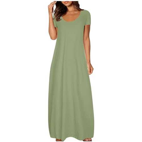 HOOUDO Summer Dresses for Women Swing Cotton Casual Dresses Cap Sleeve Round Neck Floral Dresses Stretchy Plain Midi Dresses with Pockets A Line Dresses