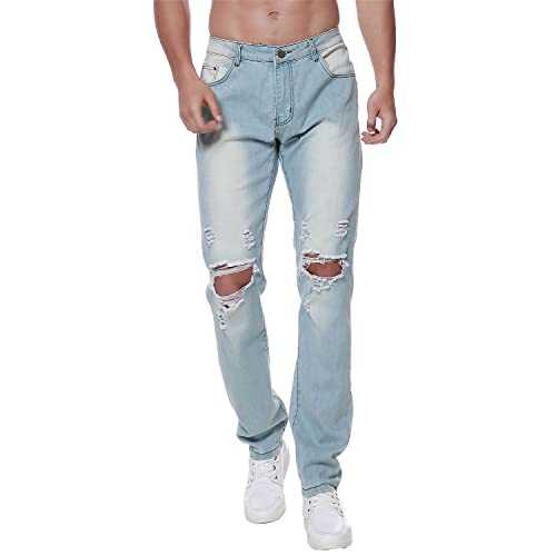 Previn Men's Ripped Denim Jeans Distressed Slim Trousers Destroy Holes Stretch Biker Pants