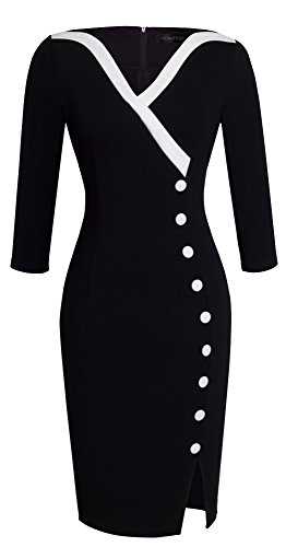 HOMEYEE Women's Elegant V-Neck Big Button Hem Split Slim Bodycon Casual Vintage Dress B335
