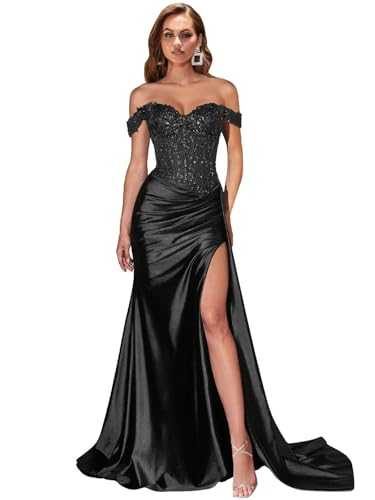 AUMEELAM Sparkly Sequin Off The Shoulder Prom Dress Lace Applique Mermaid Formal Evening Dresses with Slit