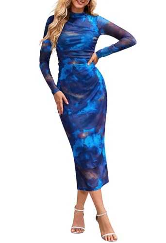 MEROKEETY Women's 2024 Long Sleeve Tie Dye Dress Bodycon Mock Neck Mesh Ruched Cocktail Maxi Dresses