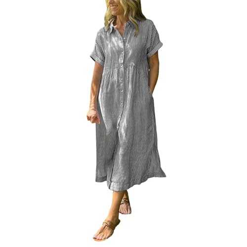 Striped Lapel Button Down Shirt Dress for Women Summer Midi Tshirt Dress with Functional Pockets