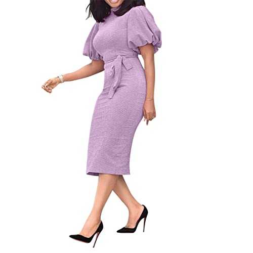 VERWIN Stand Collar Short Sleeve Mid-Calf Lantern Sleeve Office Lady Bodycon Dress