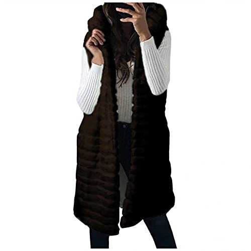 ZHINIAN Womens Plush Winter Long Gilets Faux Fur Sleeveless Hooded Waistcoat Ladies Winter Body Warmer Jacket Coat Parka with Pockets