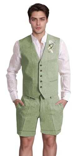 Men Suit Linen Set Vest and Pants Slim Fit Outfit 2 Pieces Casual Style Homecoming Summer Wedding Stylish