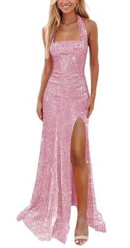 KURFACE Sparkly Sequin Prom Dresses for Women with Slit Halter Formal Dress Long Ball Gown