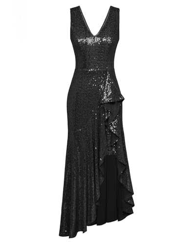 GRACE KARIN Womens Sequin Dress Sleeveless Cockatil Dress High Low Hem Wedding Party Ruffle Maxi Dress Evening Gown