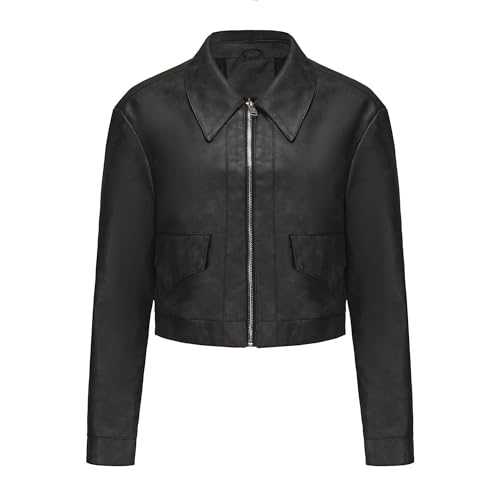 DGKaxiyaHM Women's Zip Up Short Bomber Coat Long Sleeve Slim Fit Fall Coat Jacket Faux Leather Lapel Motorcycle Coats