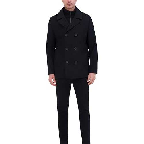 Kenneth Cole Men's Notched Lapel Wool Pea Coat Knit Bib