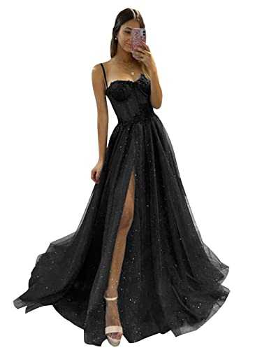 Glitter Tulle Prom Dresses Long 2023 Spaghetti Straps Formal Elegant Flowers Evening Party Gowns with Slit