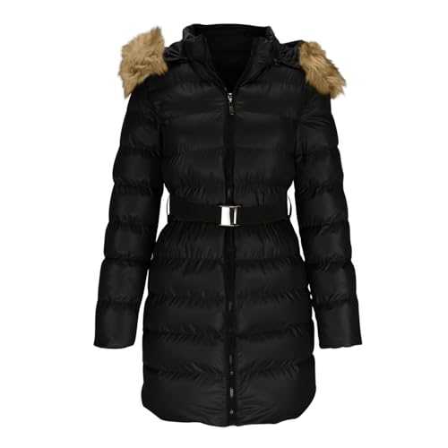 Women's Outdoor Down Jackets Parka Coats for Ladies with Faux Fur Hood Winter Thermal Padded Coat Puffer Jacket with Belt Zip Up Long Sleeve Quilted Coats