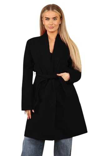 STAR FASHION Womens Italian Belted Coat Long Sleeves Open Front Tie Up Trench Coat Ladies Casual Jacket with Two Front Pockets Winter Wear