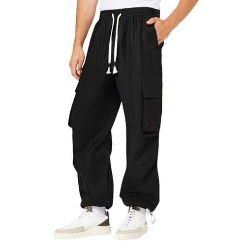 Mens Cargo Trousers Casual Baggy Combat Trousers Elasticated Waist Work Tracksuit Bottoms Multi Pockets Drawstring Sweatpants Loose Fit Summer Pants