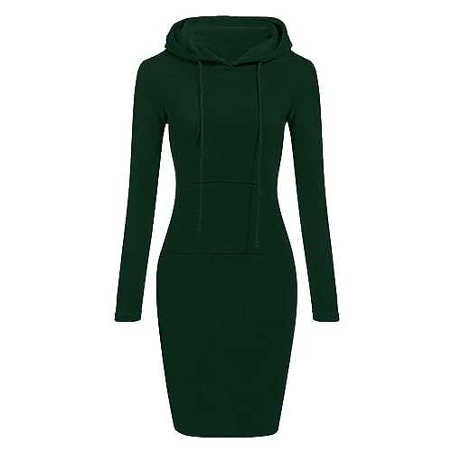 AMhomely Women's Hoodies Sweatshirt Dress Long Sleeve Mini Dress Slim Fit Wrap Bodycon Dress Solid Color Knee Length Midi Dress Autumn Short Dress with Hood Pocket