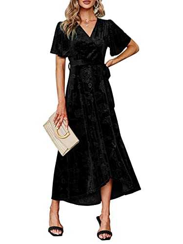 BerryGo Women's Velvet Floral Pattern Semi Formal Wrap Dress Ruffle Maternity Prom Winter Maxi Dress for Wedding Guest