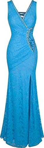 Angel-fashions Women's V Neck Lace Split Ruffled Beading Sheath Dress
