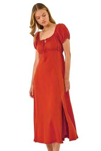 Roman Originals Puff Sleeve Linen Mix Midi Dress for Women UK - Ladies Everyday Holiday Spring Summer Square Neckline Comfy Soft Evening Vacation Work Party