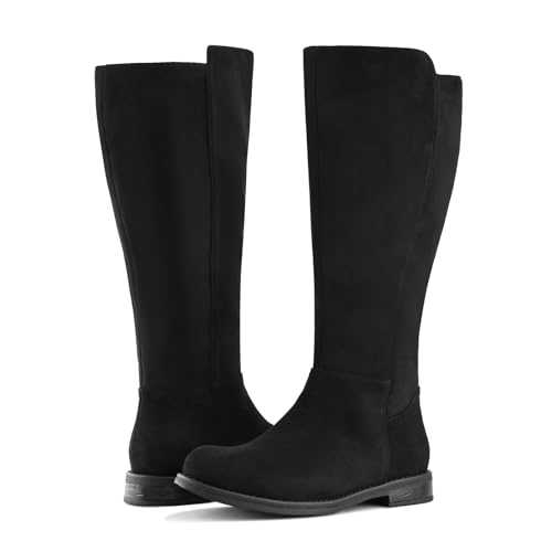 Shoe'N Tale Wide Calf Knee High Boots for Women Flat Low Heel Width Stretchy Round Toe with Side Zipper Fall and Winter Fashion Comfortable
