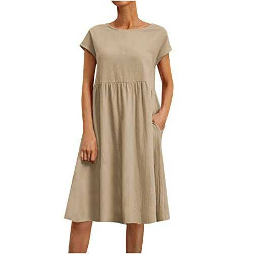 AMhomely Dresses for Women UK Sale Ladies Casual Summer Cotton Linen Solid Color Round Neck Short Sleeve Dress Midi Dress Wedding Guest Dresses Bridesmaid Dresses Party Elegant Evening Prom Dresses