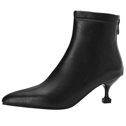 Women Kitten Heel Ankle Boots, Solid Mid Heel Dress Booties Pointed Toe Zip Booties, Size 0.5-10