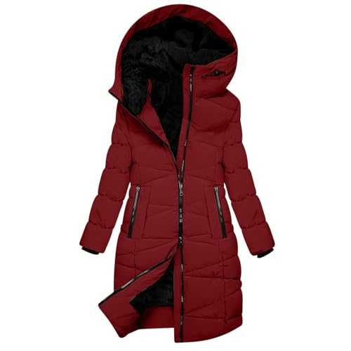 Mrat Winter Jacket for Women Warm Fleece Lined Parkas Jackets Sherpa Thickened Down Coat Faux Fur Trim Hooded Coat Puffer Quilted Jacket Outerwear Windproof Fuffly Overcoats Loose Casual Zip Coat Sale