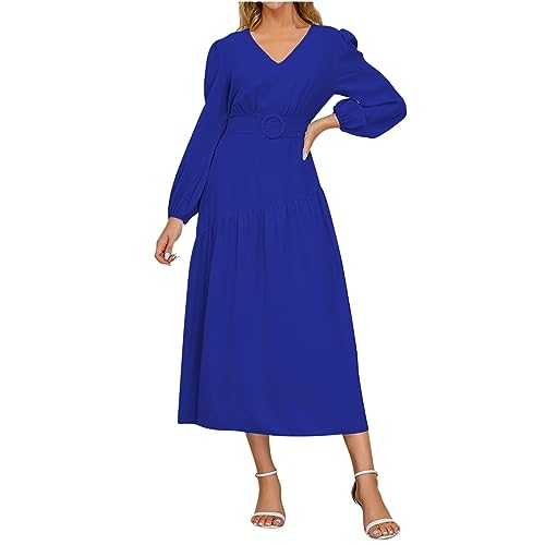RLEHJN Long Dresses for Women UK Elegant Long Sleeve Autumn Dresses Casual Plain V Neck Midi Dresses Ladies Solid Color Tunic Dresses A Line Dresses Warehouse Clearance Size 8-16