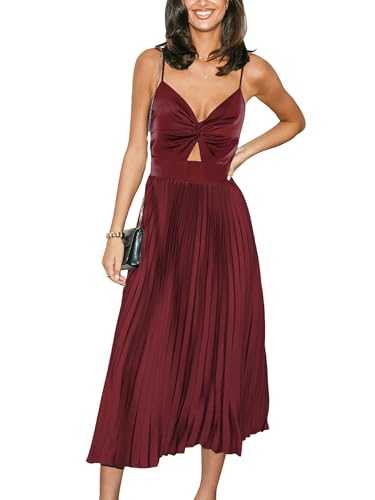 CUPSHE Maxi Dress for Women Satin V Neck Cutout Sleeveless Pleated Front Twist Long Elegant Party A Line Dresses