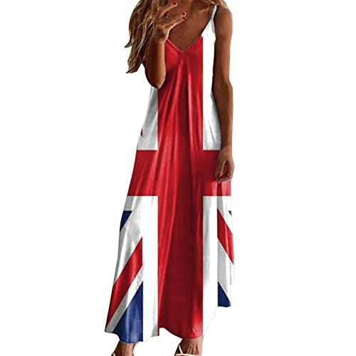 Ladies Spaghetti Strap Union Jack Dresses Union Jack Flags Printing Casual Plus Size Maxi Dress Beach Summer Long Dress V Neck Sleeveless Dresses