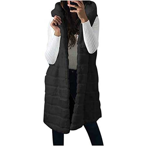 Women's Faux Fur Gilet Sherpa Fleece Hooded Coat Bubble Long Vest Fuzzy Fluffy Jackets Ladies Plush Waistcoat Solid Body Warmer Cozy Gilets Winter Warm Maxi Coats with Pockets Teddy Bear Outwear