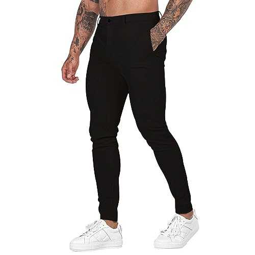 Chino Trousers for Men, Slim Fit Elastic Waist Business Office Trousers, Flat Front Skinny Formal Trousers, Classic Casual Work Pants with Pockets, Lasting Comfort Stretch Dress Pants