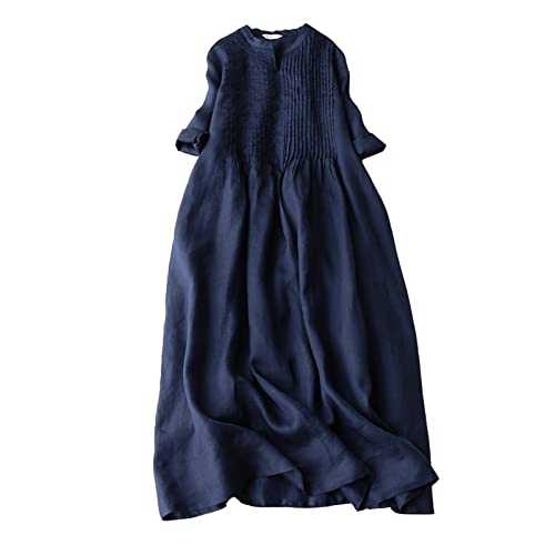 AMhomely Summer Dress For Women UK Clearance Cotton Linen Dress Embroidery Floral Dress Solid V Neck Floaty Dress Short Sleeve Double Crochet Tunic Dress Ladies Holiday Beach Dress Dark