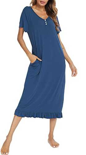 Vlazom Women's Nightdress Ruffle Hem Nightshirts V Neck Long Sleep Dress Nightgown Sleepwear