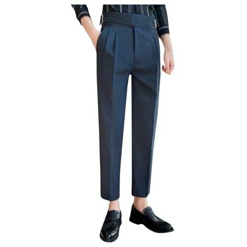 Foweknow Business Trousers Men's High Waist Slim Fit Wrinkle-Free Suit Trousers Italian Style No Belt Gurkha Trousers For Men Required Gurkha Dress Trousers Fabric Trousers Casual Trousers, navy, 20